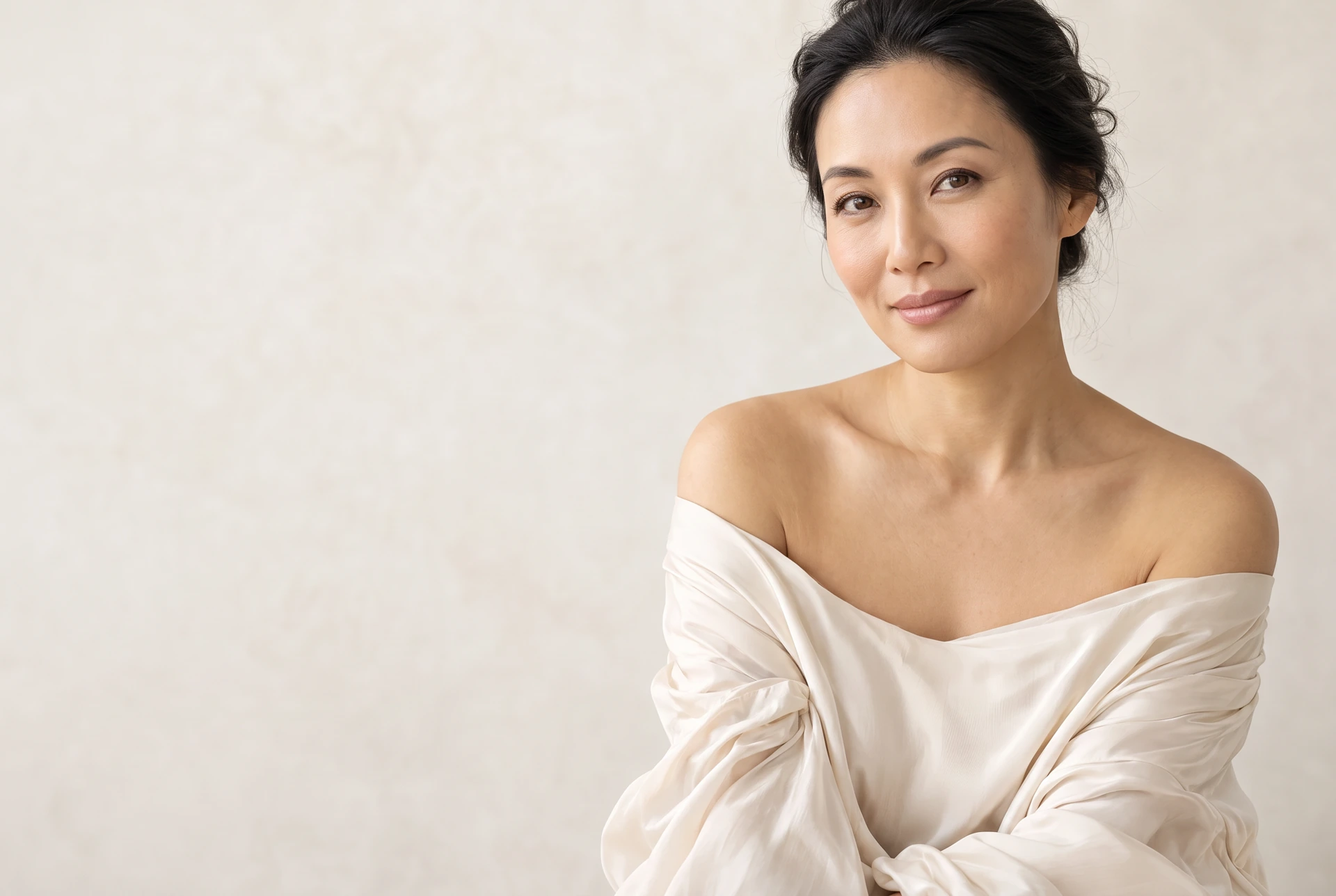 Editorial portrait of an Asian woman in an ivory silk blouse