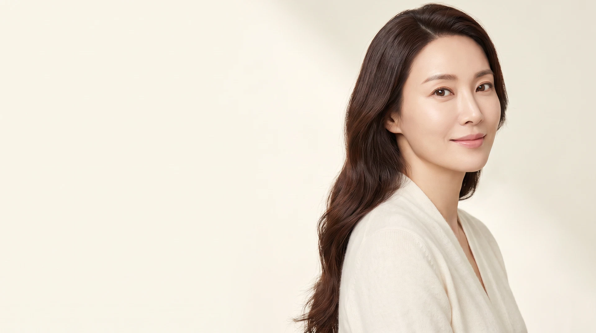 Asian beauty editorial model with long softly waved hair in ivory clothing